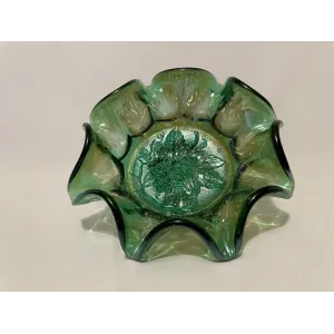 Vintage Imperial Iridescent Carnival Glass Bowl Green Heavy Grape Pattern