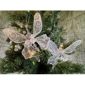 Pair Vintage White Laced Butterfly Christmas Ornaments